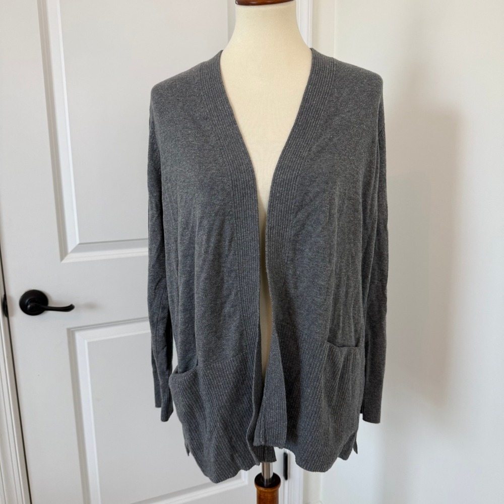 Croft & Barrow Gray Open Front Cardigan Sweater Petite XL Pockets Ribbed Knit